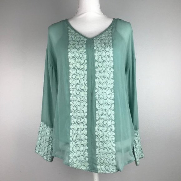 Sundance Teal Raw Silk Sheer Embroidered Top - Picture 3 of 7